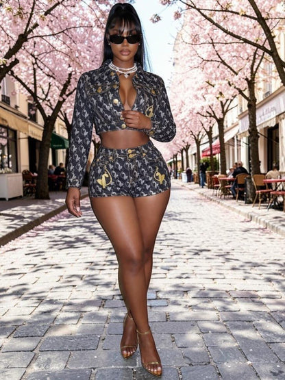 Embroidered Denim Cropped Jacket & Shorts Set - Taydiane