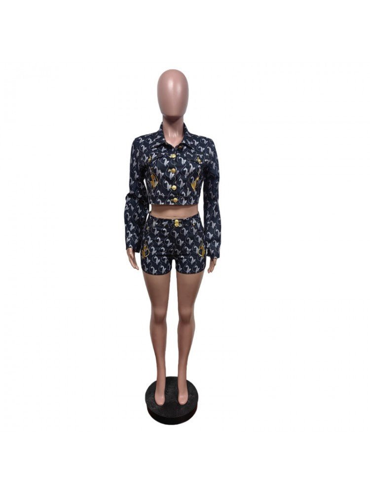 Embroidered Denim Cropped Jacket & Shorts Set - Taydiane
