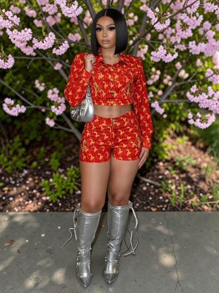 Embroidered Denim Cropped Jacket & Shorts Set - Taydiane