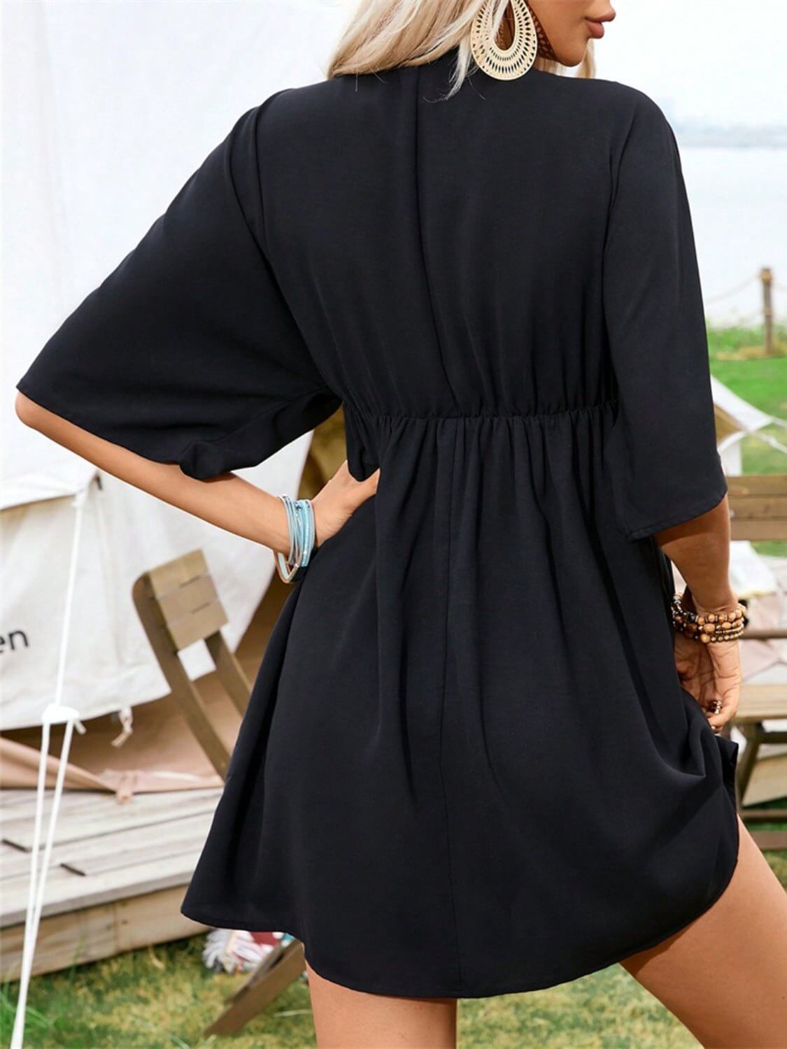 Embroidered Plunge Half Sleeve Mini Dress - TayDiane