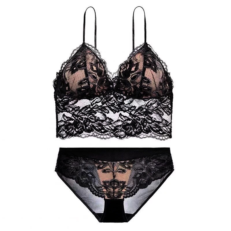 Embroidery Lace Spaghetti Strap Bra with Hipsters - TayDiane