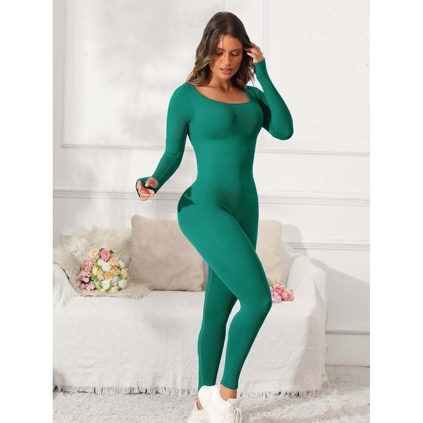 Scoop Neck Long Sleeve Active Jumpsuit