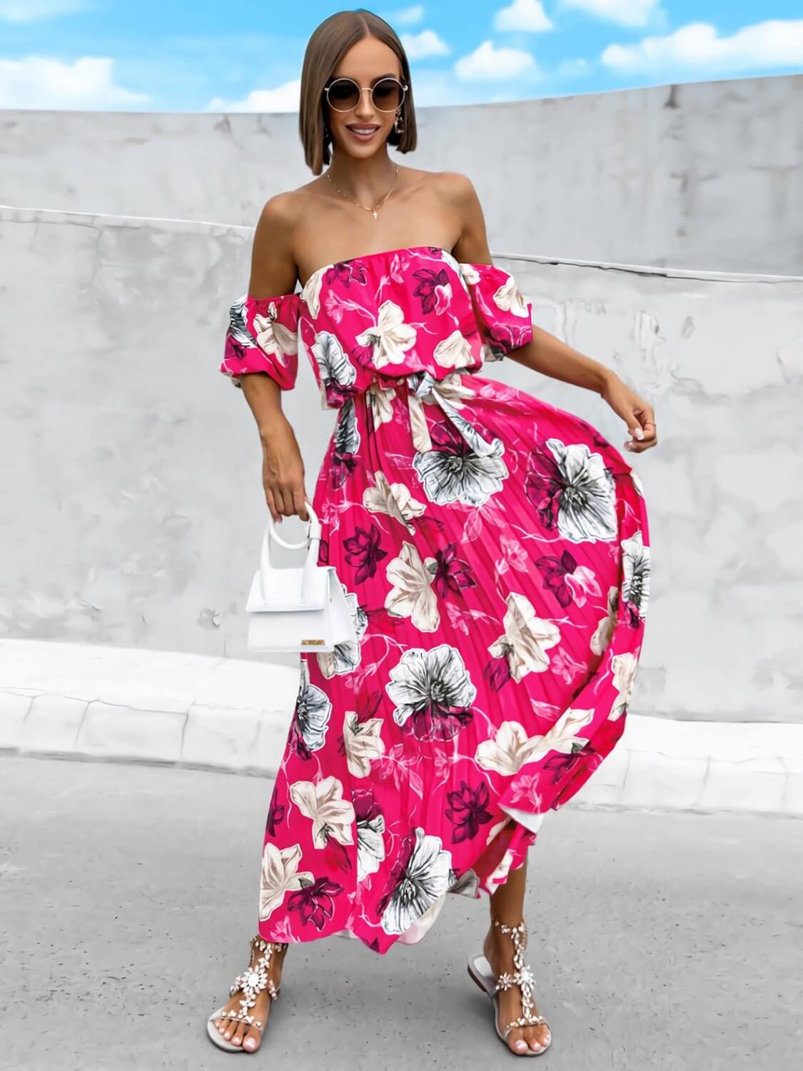 Pleated Floral Off-Shoulder Maxi  Dress