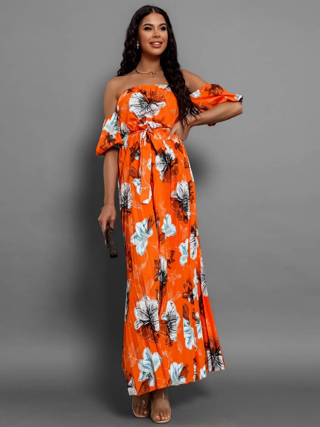 Pleated Floral Off-Shoulder Maxi  Dress