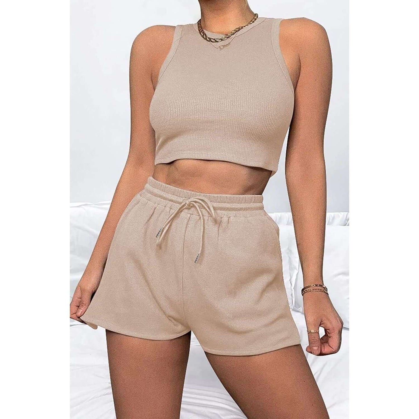 Round Neck Drawstring Shorts Set