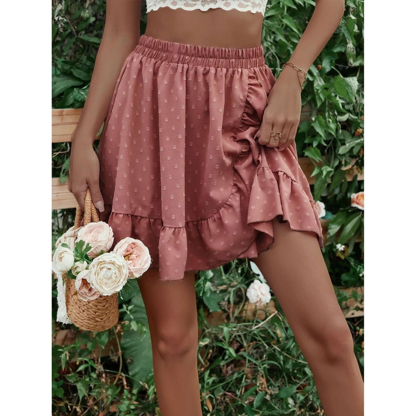 Ruffle Hem Elastic Waist Mini Skirt