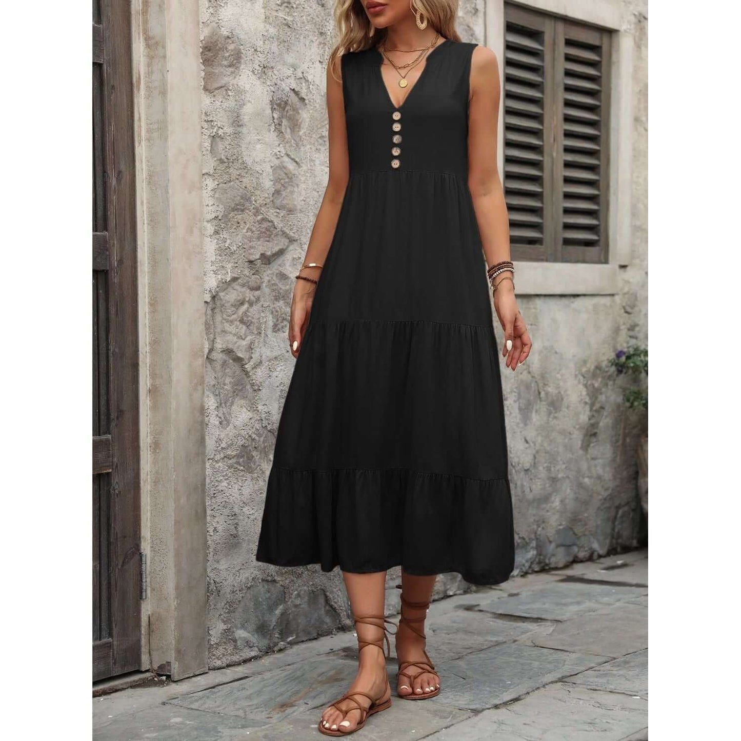 Decorative Button Notched Sleeveless Dress