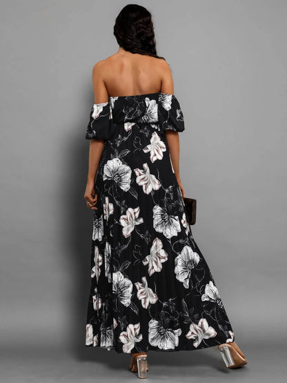 Pleated Floral Off-Shoulder Maxi  Dress