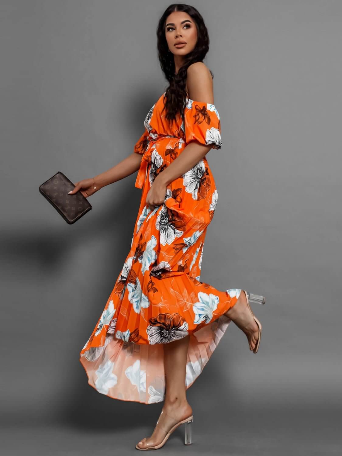 Pleated Floral Off-Shoulder Maxi  Dress