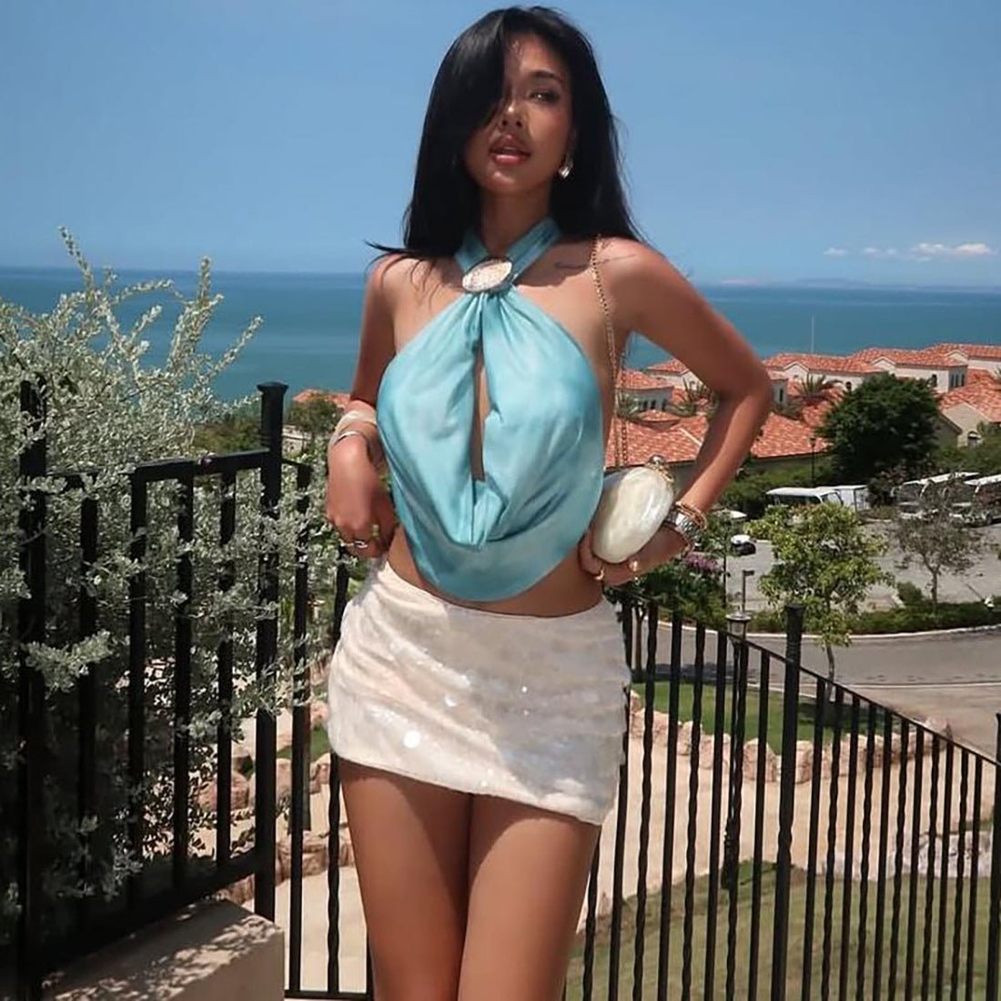 Fashionable Women Clothing Halter Swing Collar Hollow Out Cutout Shell Metal Buckle Solid Color Sexy Top - TayDiane