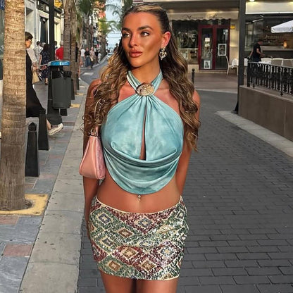 Fashionable Women Clothing Halter Swing Collar Hollow Out Cutout Shell Metal Buckle Solid Color Sexy Top - TayDiane