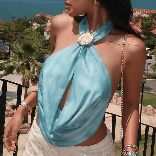 Fashionable Women Clothing Halter Swing Collar Hollow Out Cutout Shell Metal Buckle Solid Color Sexy Top - TayDiane