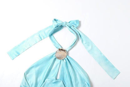 Fashionable Women Clothing Halter Swing Collar Hollow Out Cutout Shell Metal Buckle Solid Color Sexy Top - TayDiane