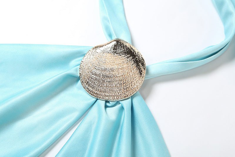 Fashionable Women Clothing Halter Swing Collar Hollow Out Cutout Shell Metal Buckle Solid Color Sexy Top - TayDiane