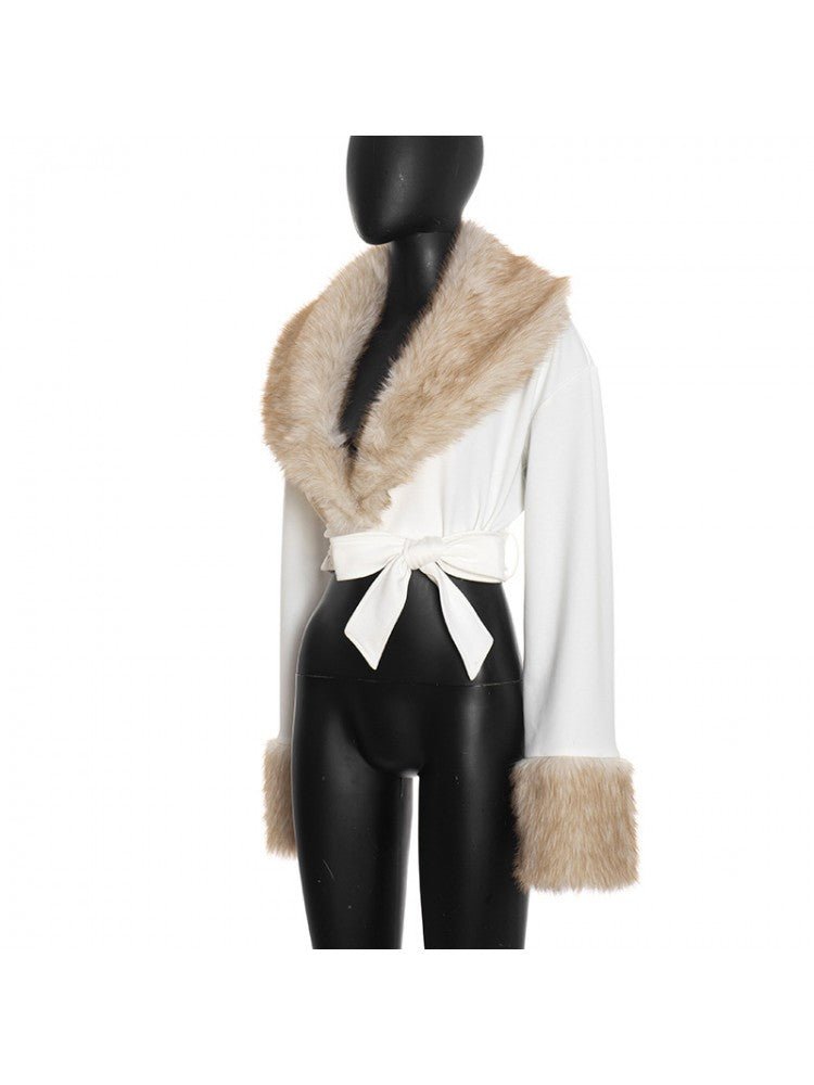 Faux Fur Collar Cropped Wrap Jacket - TayDiane