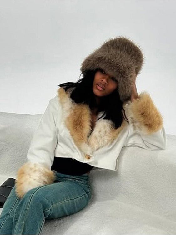 Faux Fur Collar Cropped Wrap Jacket - TayDiane