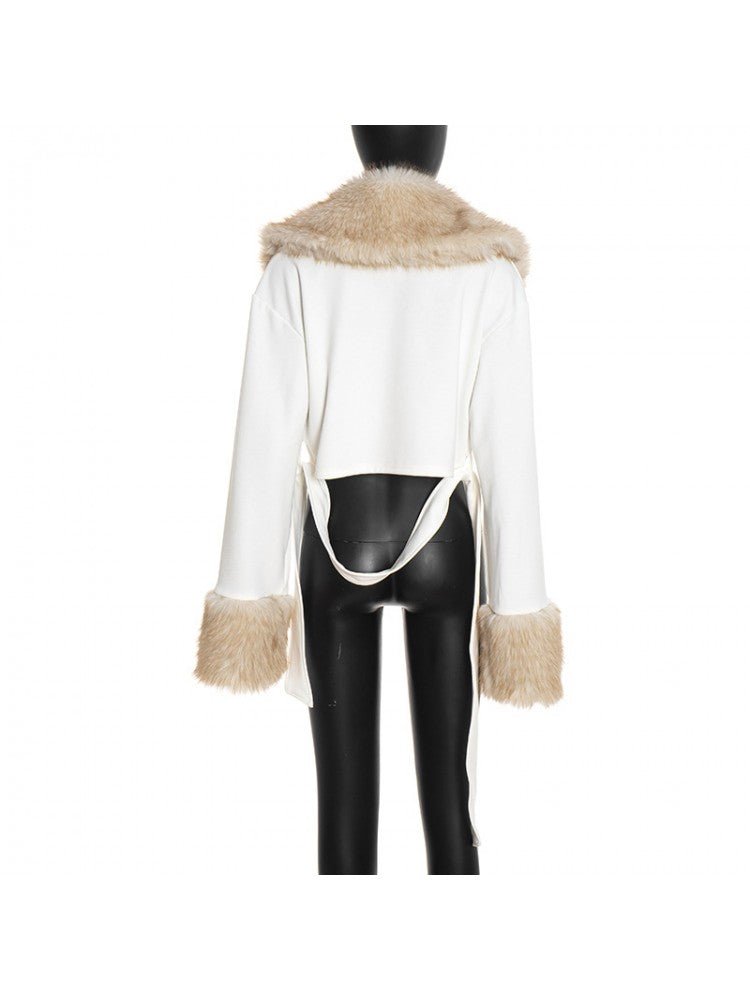 Faux Fur Collar Cropped Wrap Jacket - TayDiane