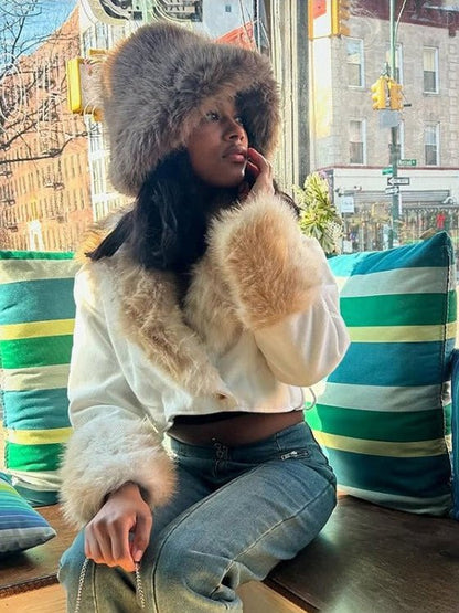 Faux Fur Collar Cropped Wrap Jacket - TayDiane