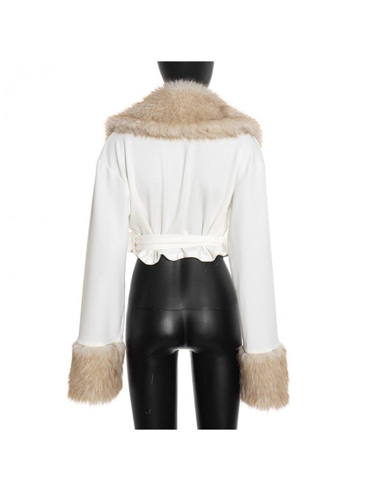 Faux Fur Collar Cropped Wrap Jacket - TayDiane