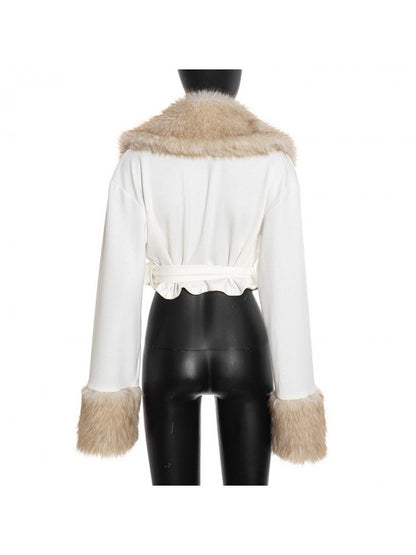 Faux Fur Collar Cropped Wrap Jacket - TayDiane