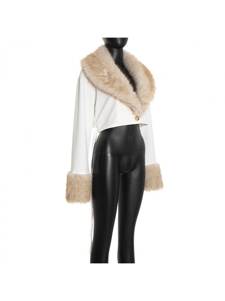 Faux Fur Collar Cropped Wrap Jacket - TayDiane