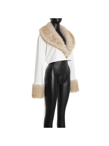 Faux Fur Collar Cropped Wrap Jacket - TayDiane