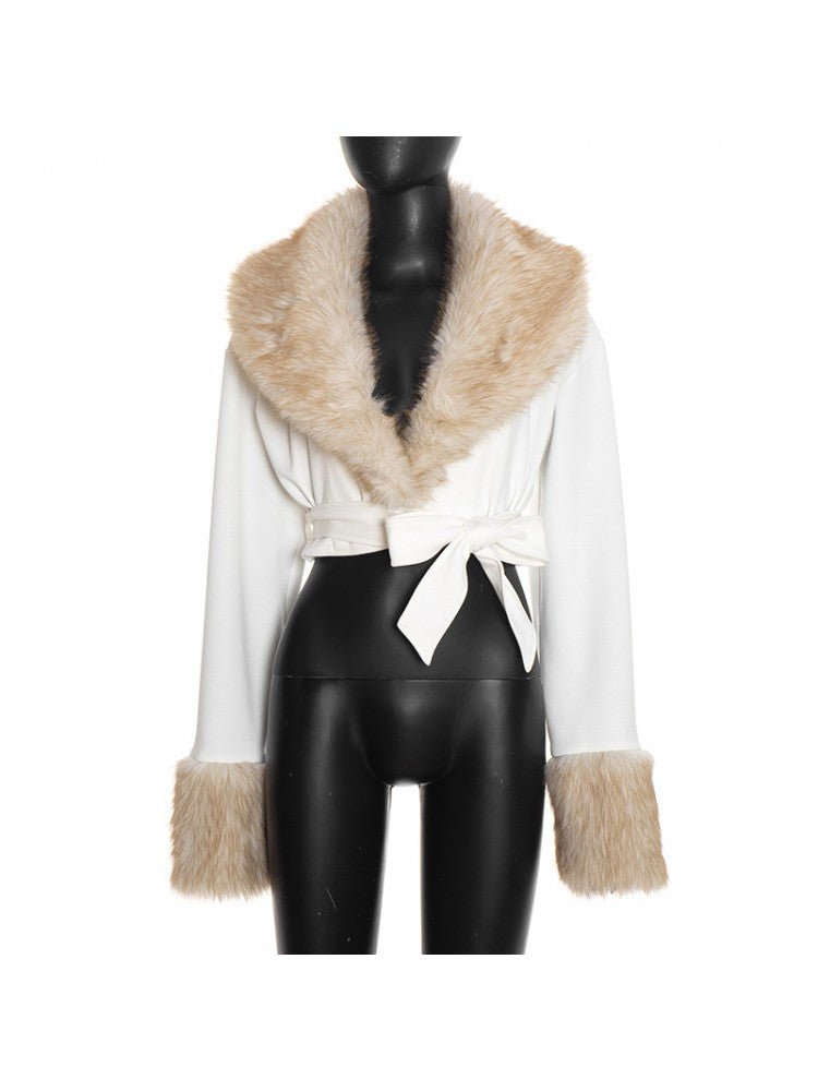 Faux Fur Collar Cropped Wrap Jacket - TayDiane
