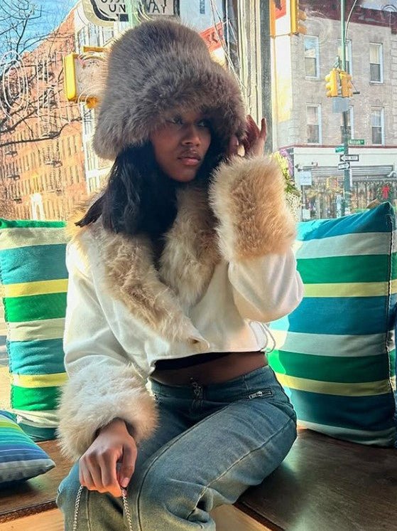 Faux Fur Collar Cropped Wrap Jacket - TayDiane