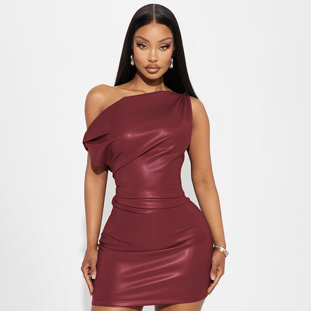 Faux Leather Off Shoulder Nightclub Dress - TayDiane