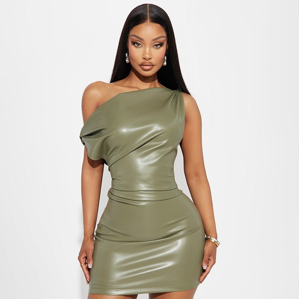 Faux Leather Off Shoulder Nightclub Dress - TayDiane