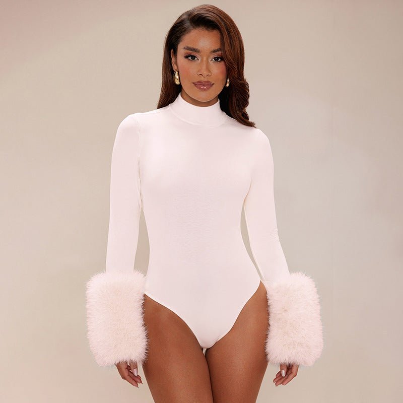 Feather Cuff Mock Neck Bodysuit - Taydiane