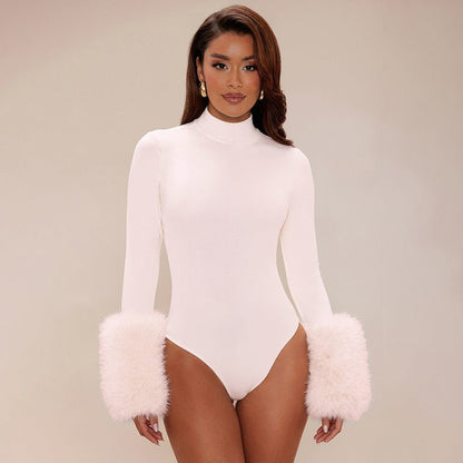 Feather Cuff Mock Neck Bodysuit - Taydiane