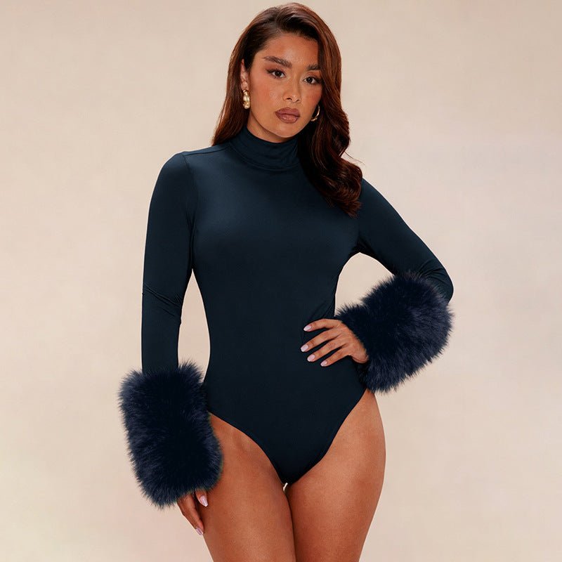Feather Cuff Mock Neck Bodysuit - Taydiane