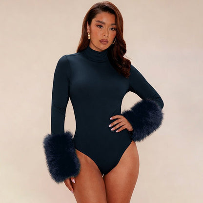 Feather Cuff Mock Neck Bodysuit - Taydiane