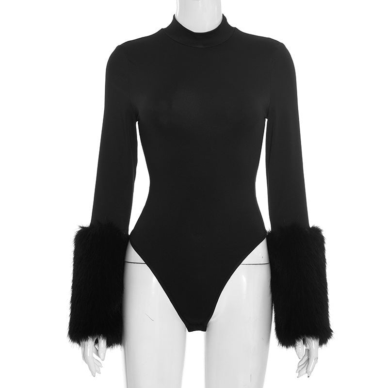 Feather Cuff Mock Neck Bodysuit - Taydiane