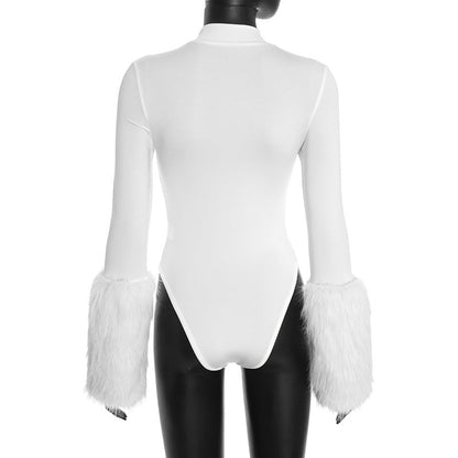Feather Cuff Mock Neck Bodysuit - Taydiane