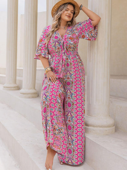 FF Printed Half Sleeve Wide Leg Jumpsuit - TayDiane