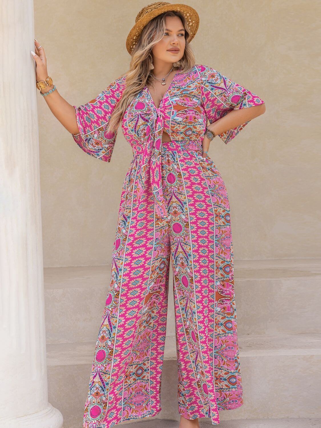 FF Printed Half Sleeve Wide Leg Jumpsuit - TayDiane