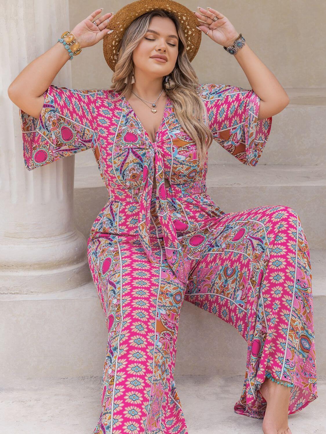 FF Printed Half Sleeve Wide Leg Jumpsuit - TayDiane