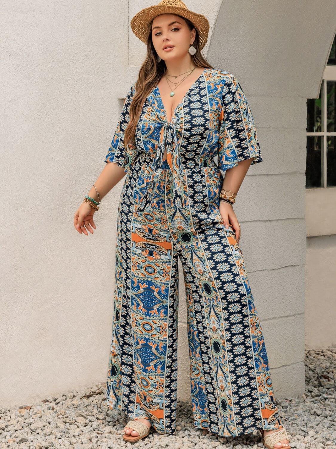 FF Printed Half Sleeve Wide Leg Jumpsuit - TayDiane