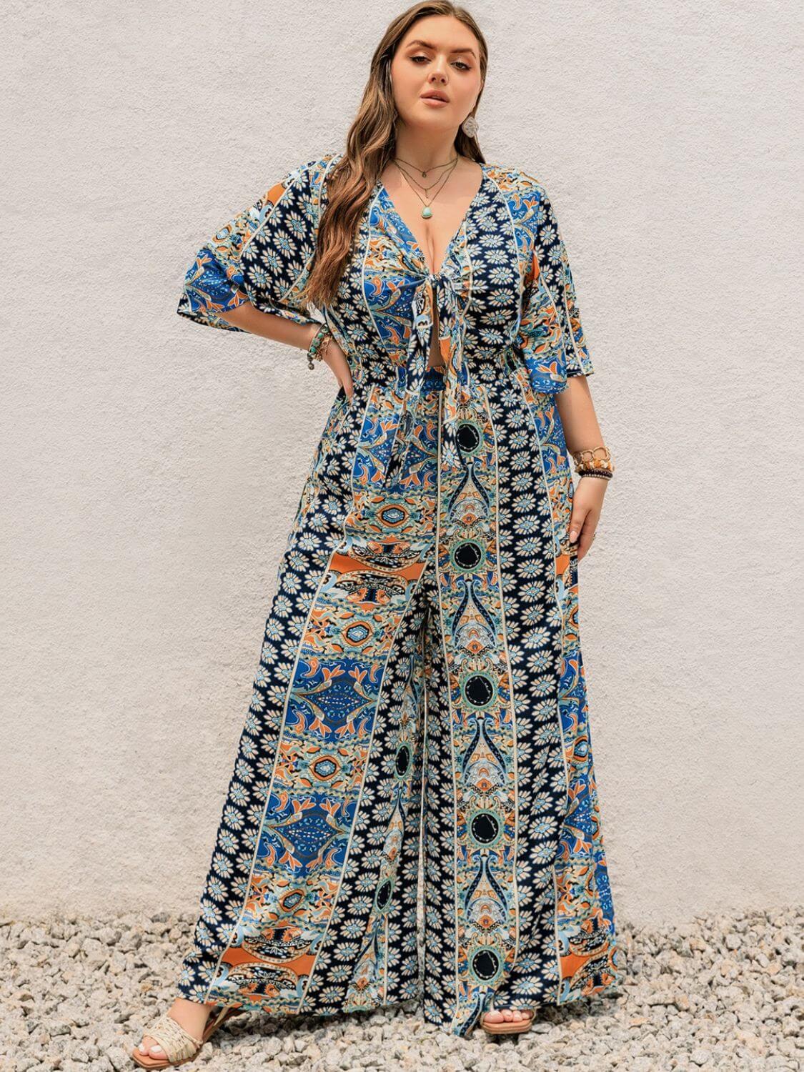 FF Printed Half Sleeve Wide Leg Jumpsuit - TayDiane