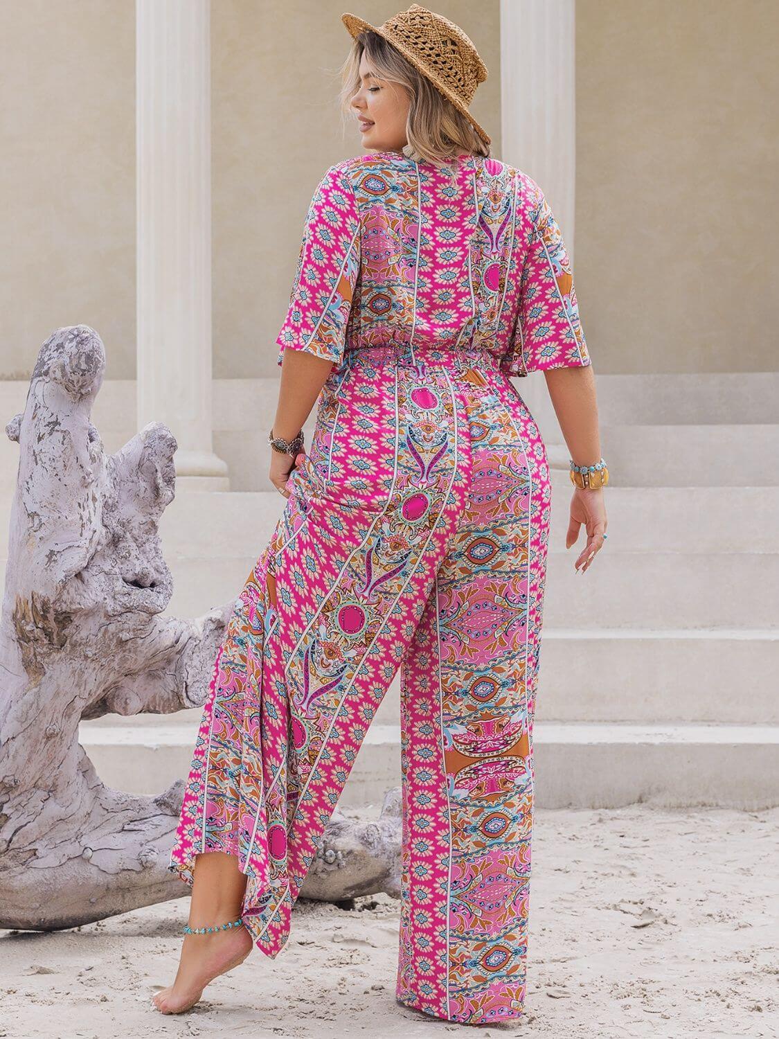 FF Printed Half Sleeve Wide Leg Jumpsuit - TayDiane