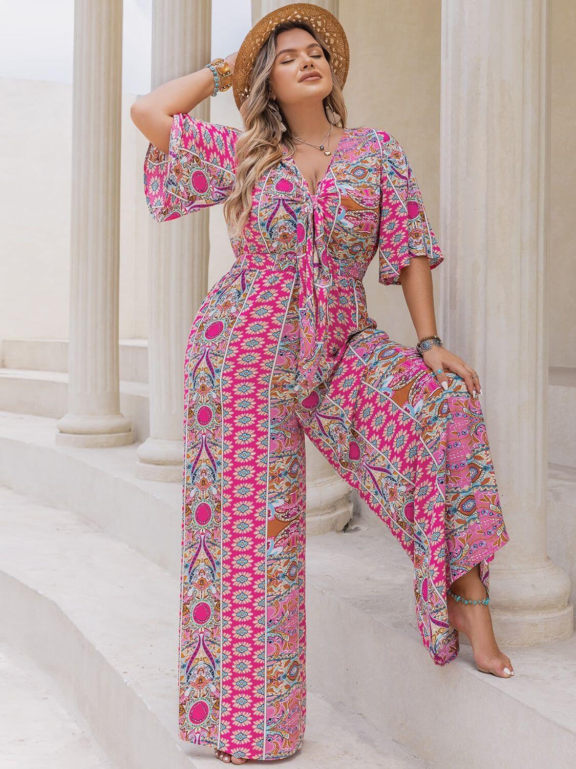 FF Printed Half Sleeve Wide Leg Jumpsuit - TayDiane