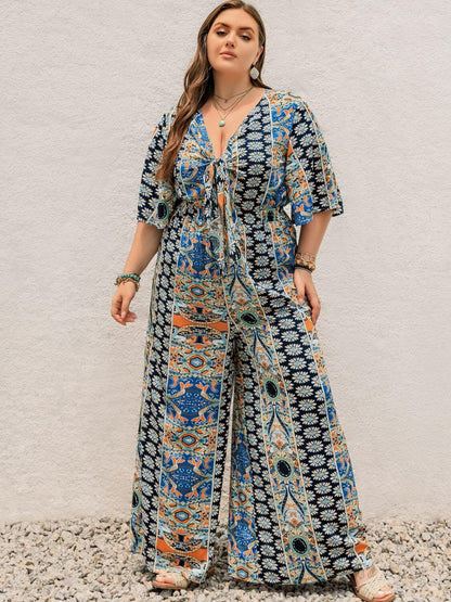 FF Printed Half Sleeve Wide Leg Jumpsuit - TayDiane