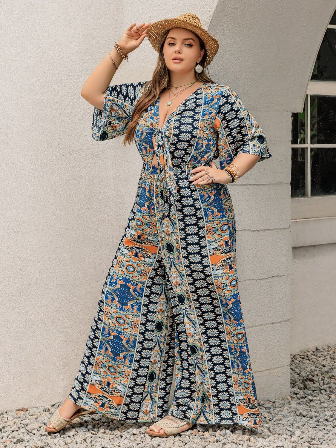 FF Printed Half Sleeve Wide Leg Jumpsuit - TayDiane