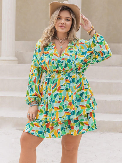 FF Printed Surplice Long Sleeve Mini Dress - TayDiane