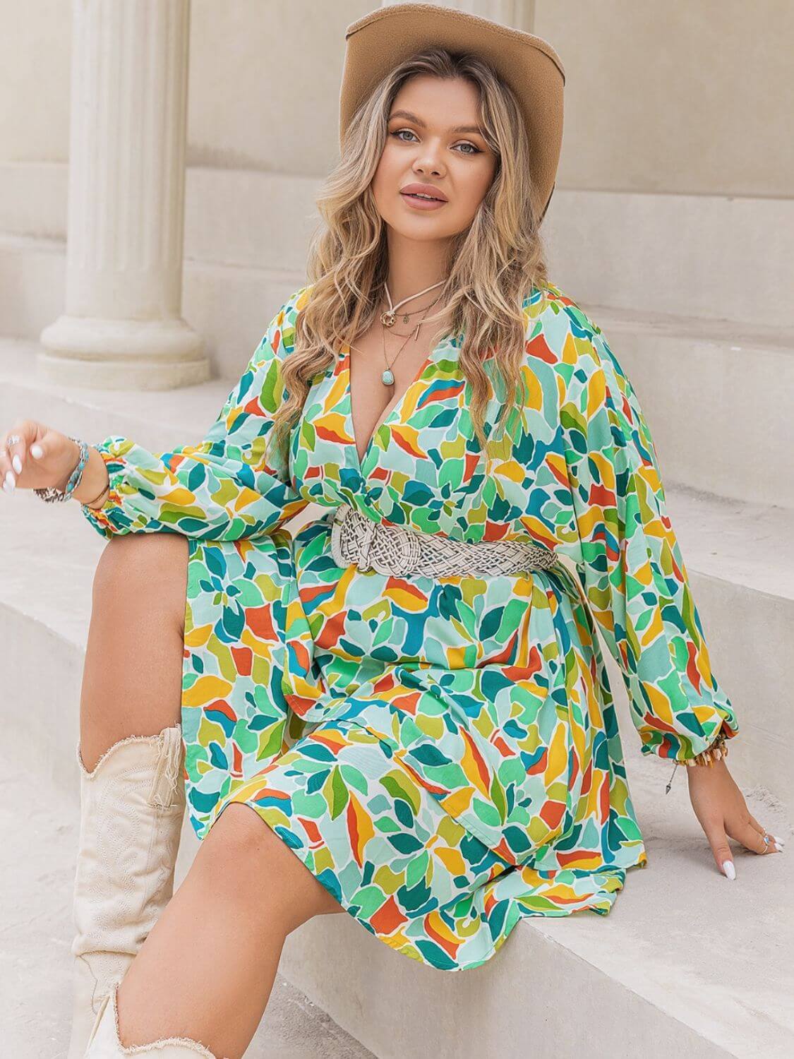 FF Printed Surplice Long Sleeve Mini Dress - TayDiane