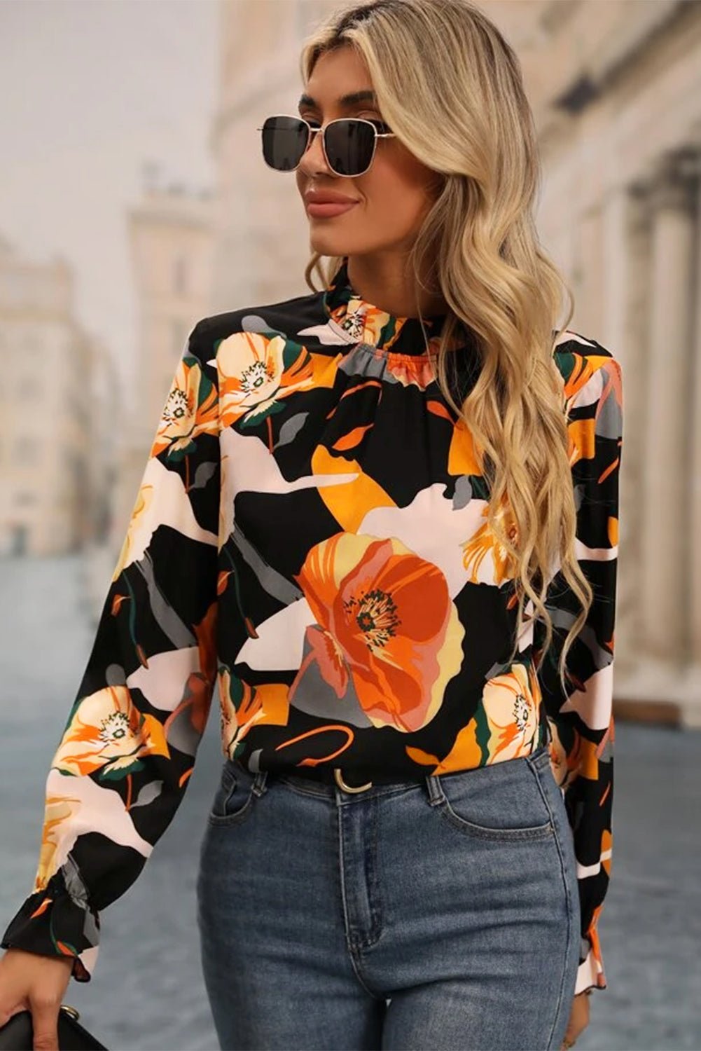 Floral Frilled Neck Peasant Sleeve Blouse - TayDiane