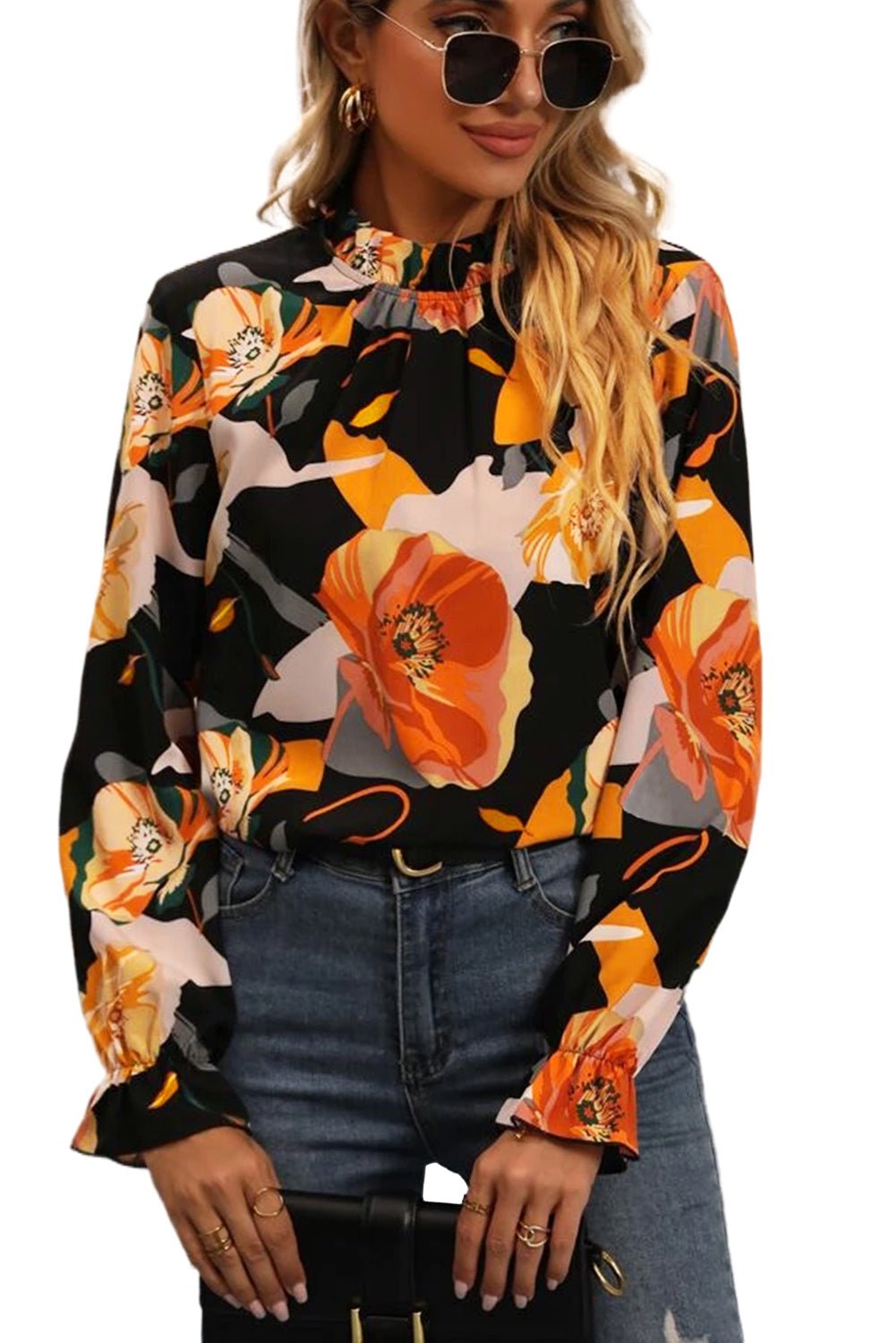 Floral Frilled Neck Peasant Sleeve Blouse - TayDiane