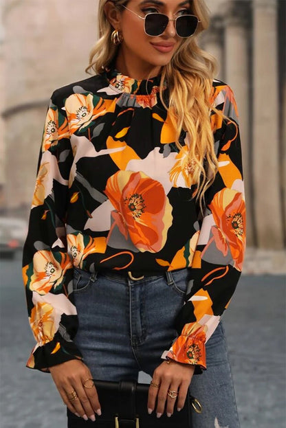 Floral Frilled Neck Peasant Sleeve Blouse - TayDiane